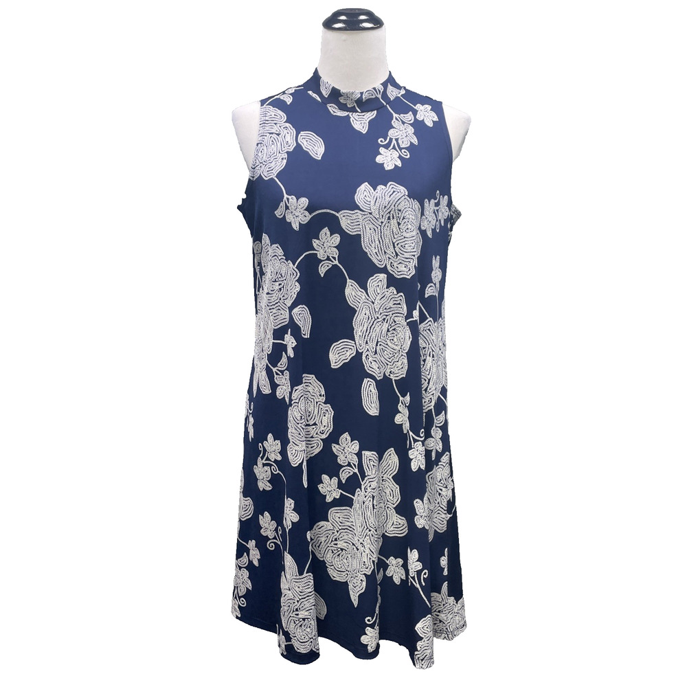 Signature by Robbie Bee Womens M Knee Length Sleeveless Dress Navy White Floral
